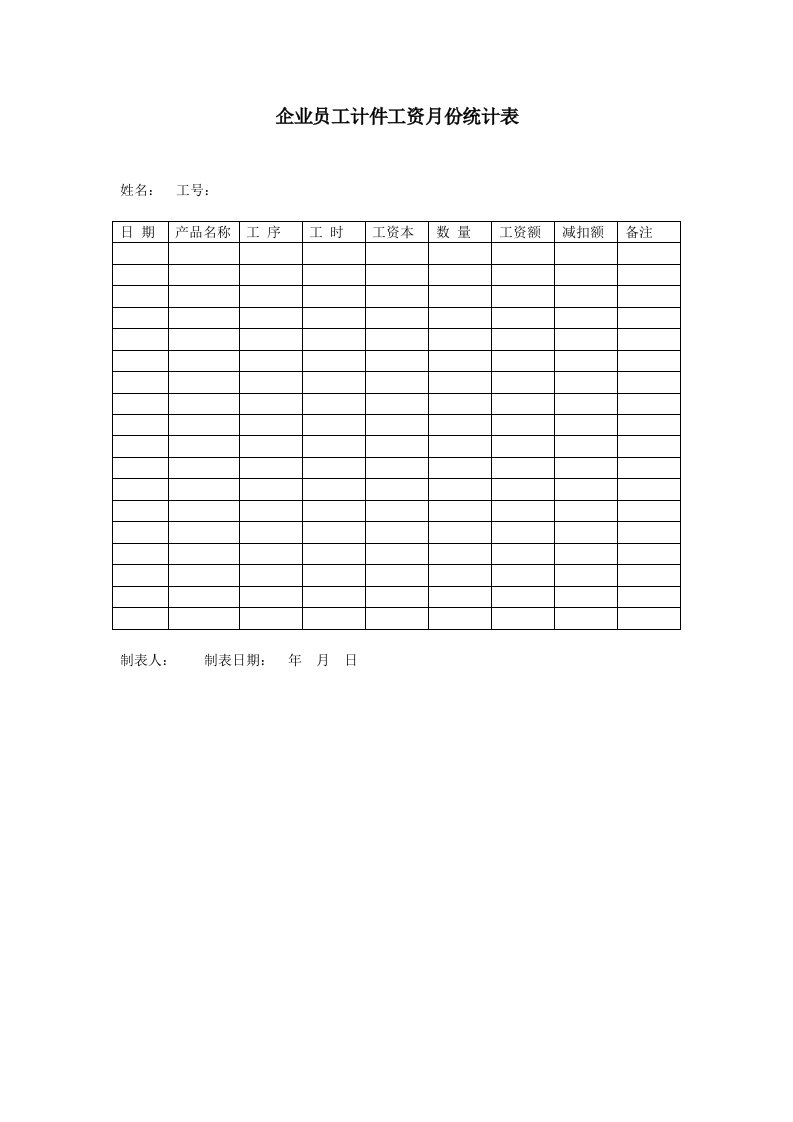 表格模板-企业员工计件工资月份统计表