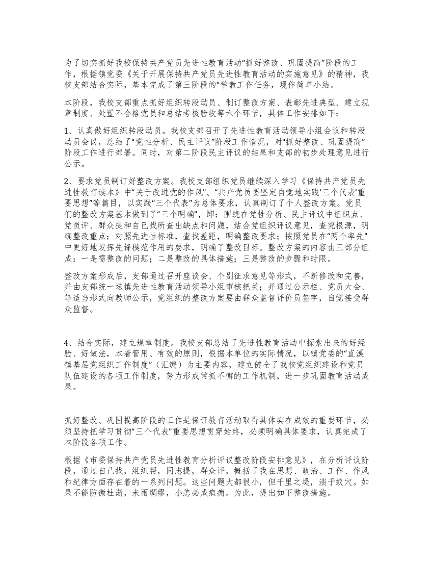 校支部第三阶段整改小结范文