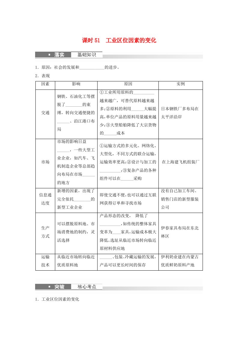 新教材2024届高考地理一轮复习学案第二部分人文地理第三章产业区位因素第2讲课时51工业区位因素的变化新人教版