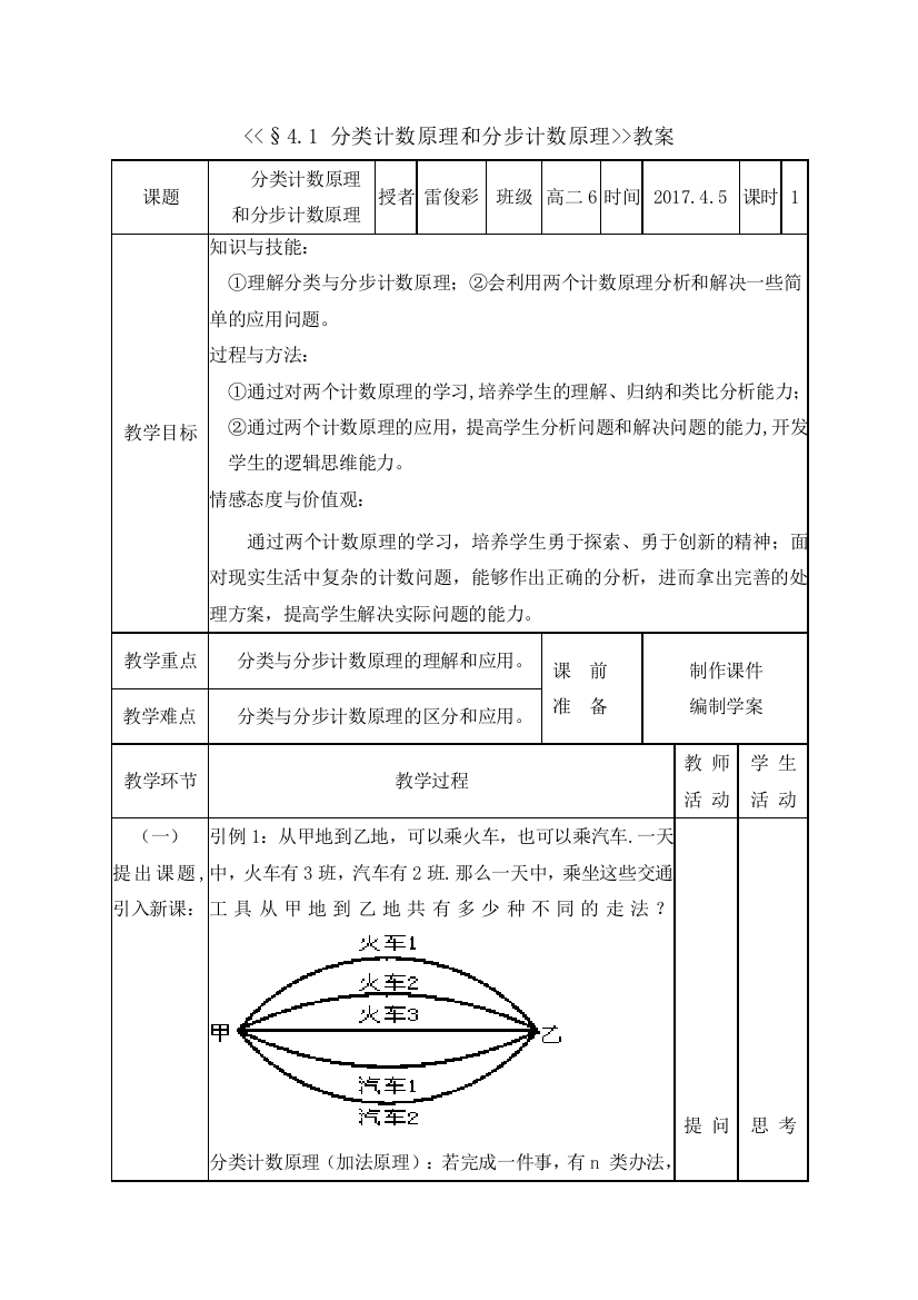 小学数学人教一年级分类计数原理与分步计数原理