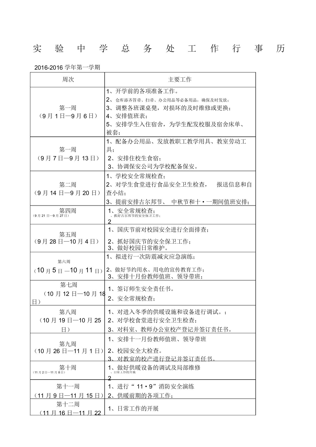 学第一学期总务处工作行事历