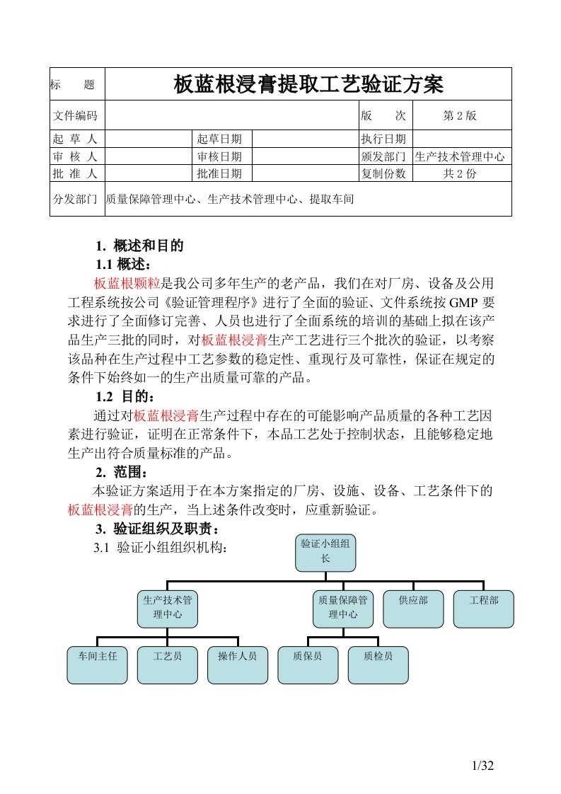 板蓝根浸膏提取工艺验证方案书.doc