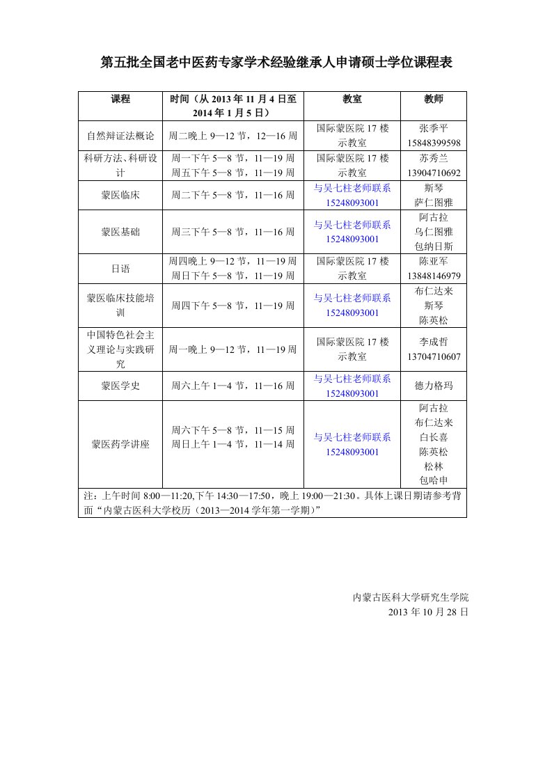 第五批全国老中医药专家学术经验继承人申请硕士学位课程表