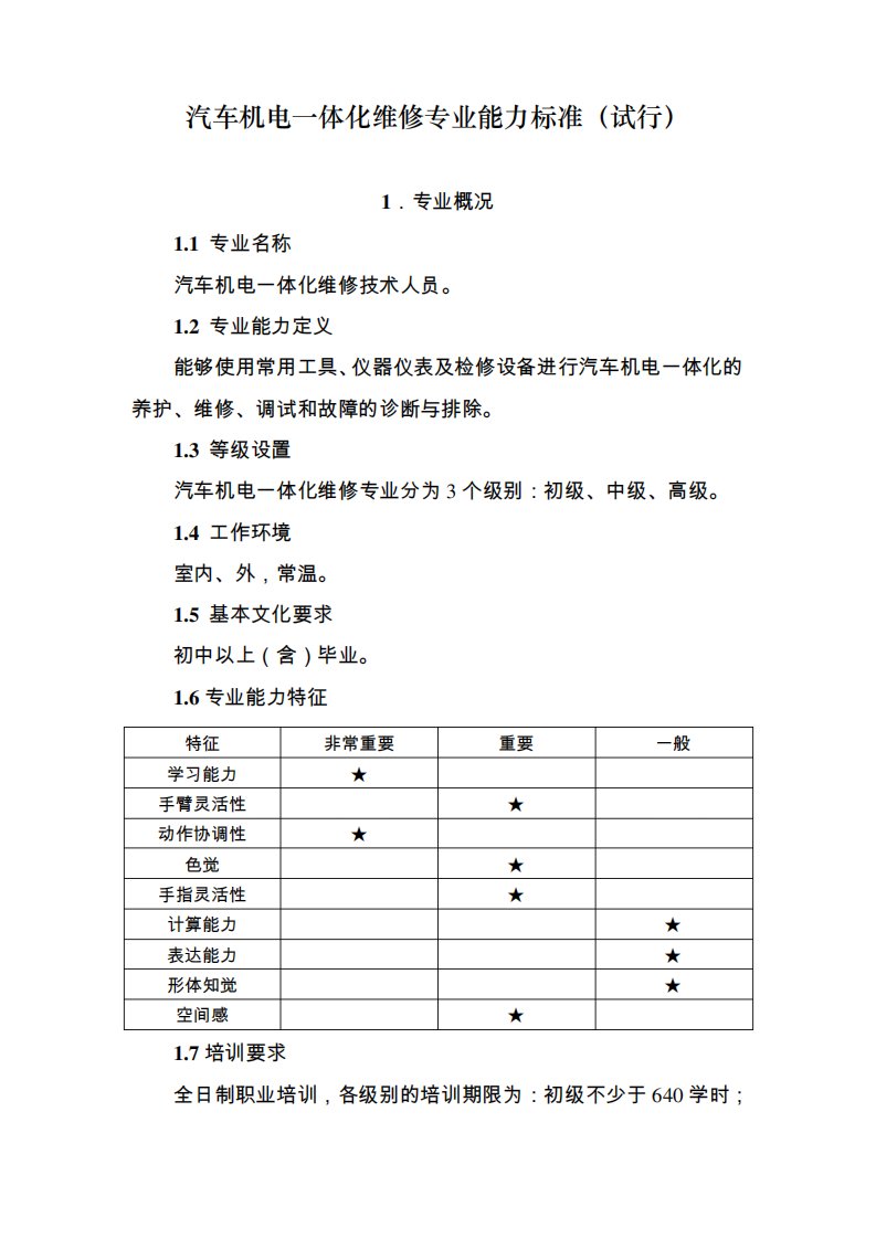 汽车机电一体化维修专业能力标准