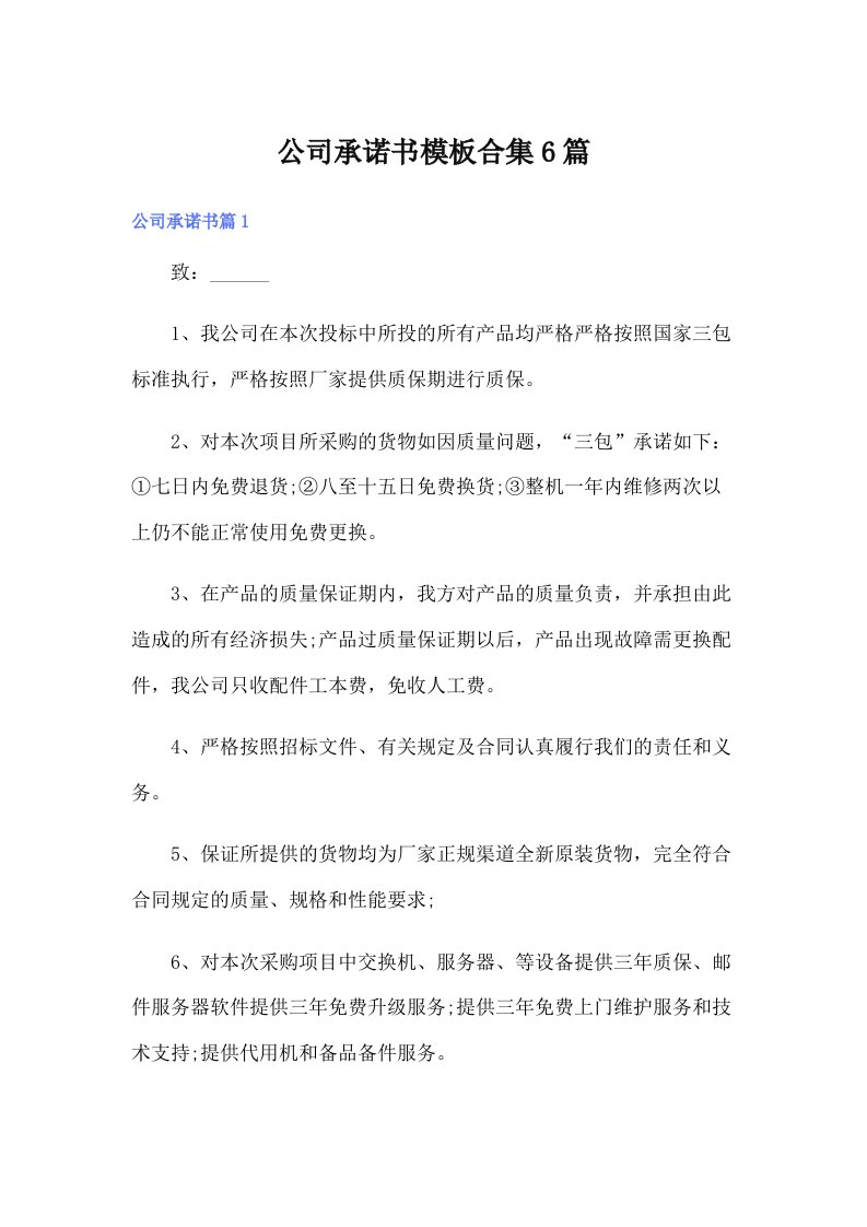 公司承诺书模板合集6篇