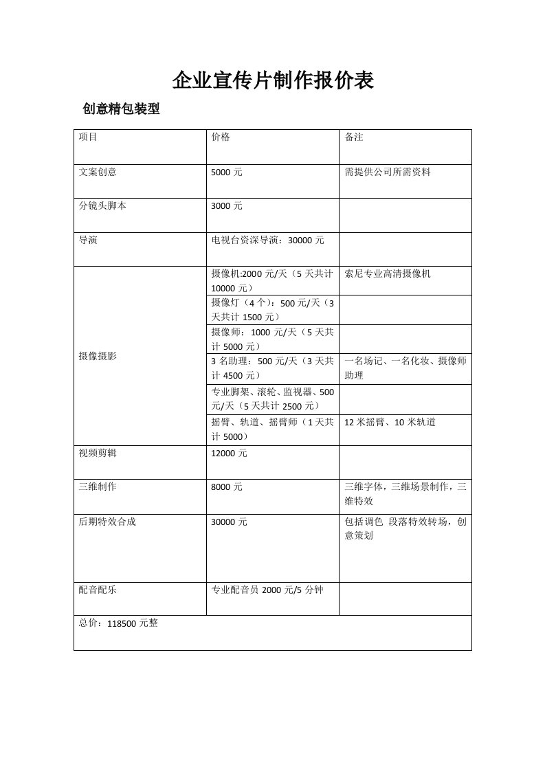 企业宣传片报价表