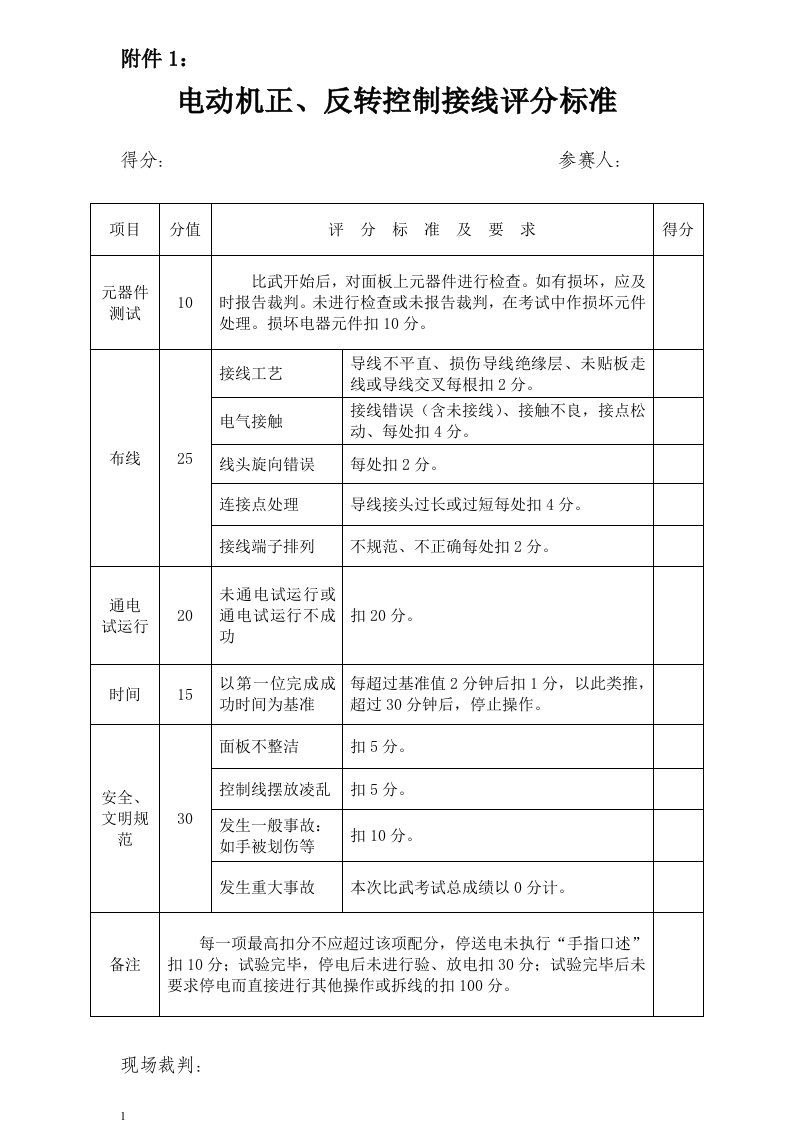 电动机正、反转控制接线评分标准