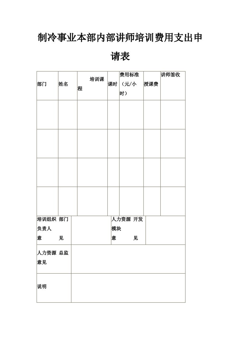 制冷事业本部内部讲师培训费用支出申请表