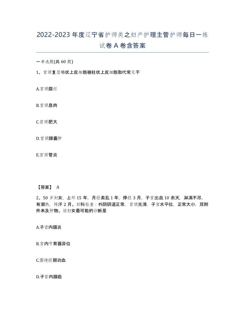 2022-2023年度辽宁省护师类之妇产护理主管护师每日一练试卷A卷含答案