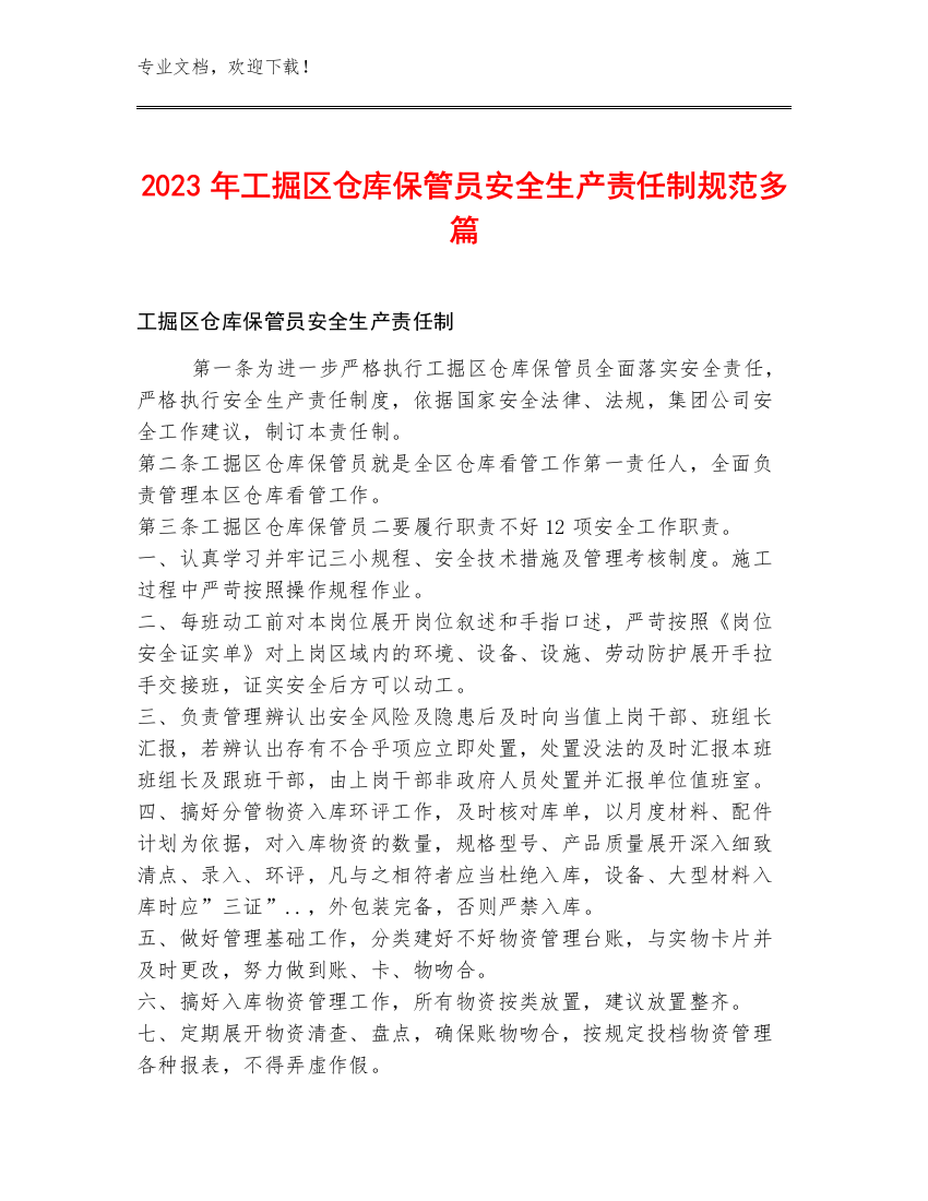 2023年工掘区仓库保管员安全生产责任制规范多篇