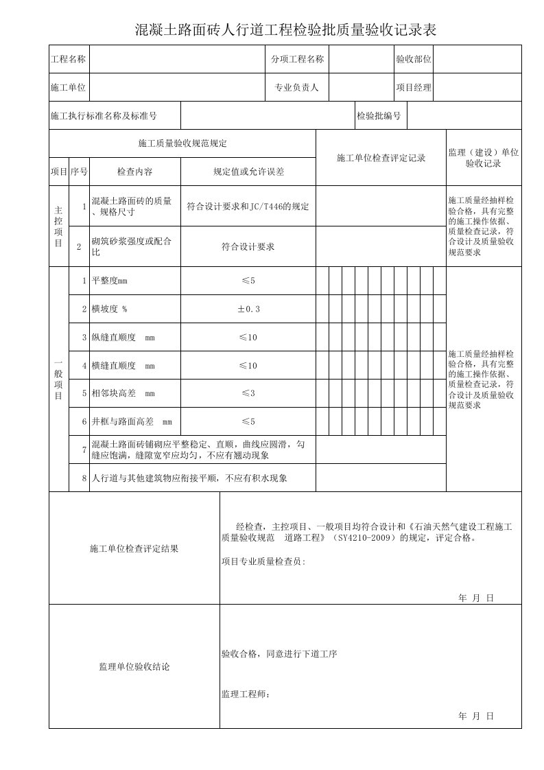 混凝土路面砖人行道工程检验批质量验收记录表