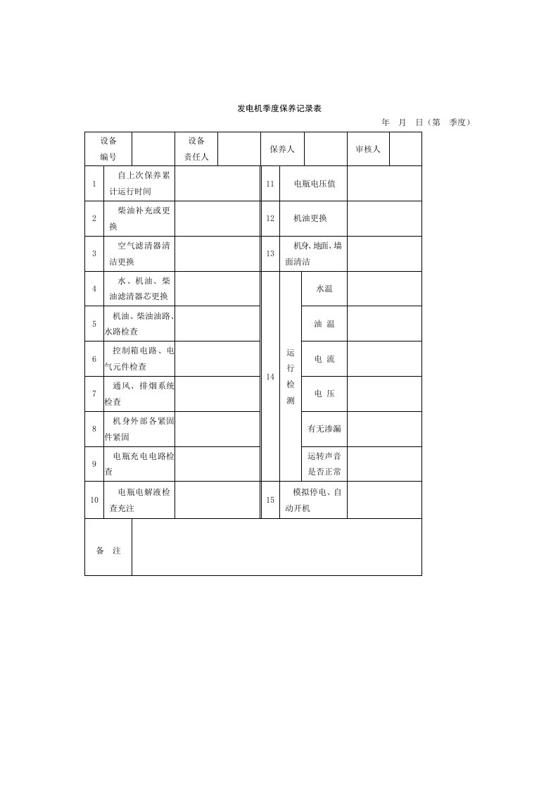 发电机季度保养记录表