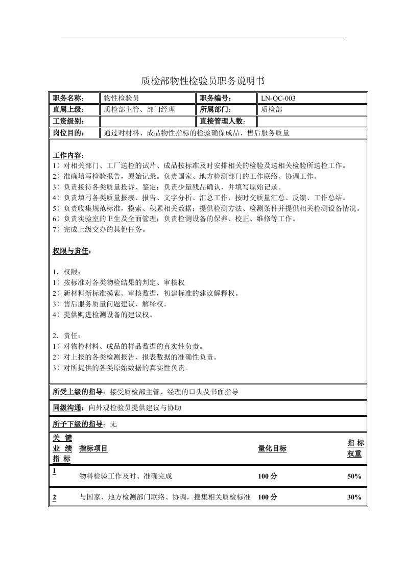 质检部物性检验员职务说明书