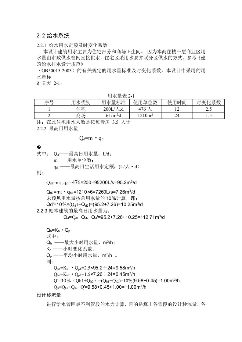 给水部分水力计算