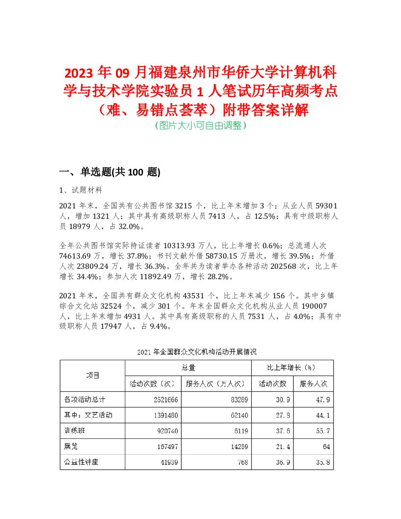 2023年09月福建泉州市华侨大学计算机科学与技术学院实验员1人笔试历年高频考点（难、易错点荟萃）附带答案详解