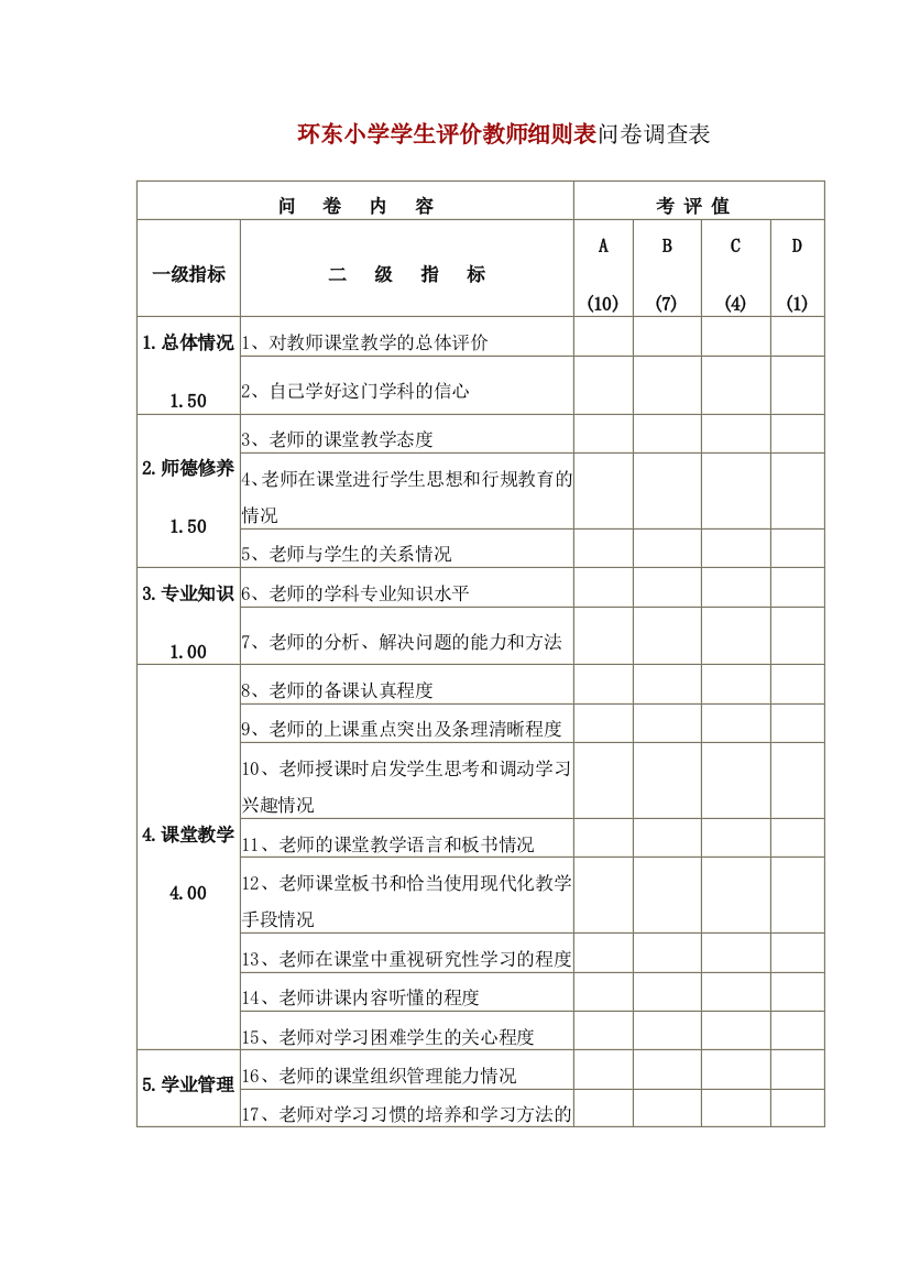 学生评价教师细则表问卷调查表