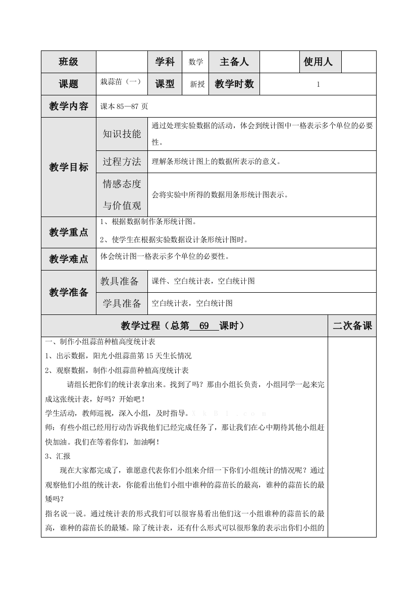 北师大版四年级数学下册《栽蒜苗(一)》教案