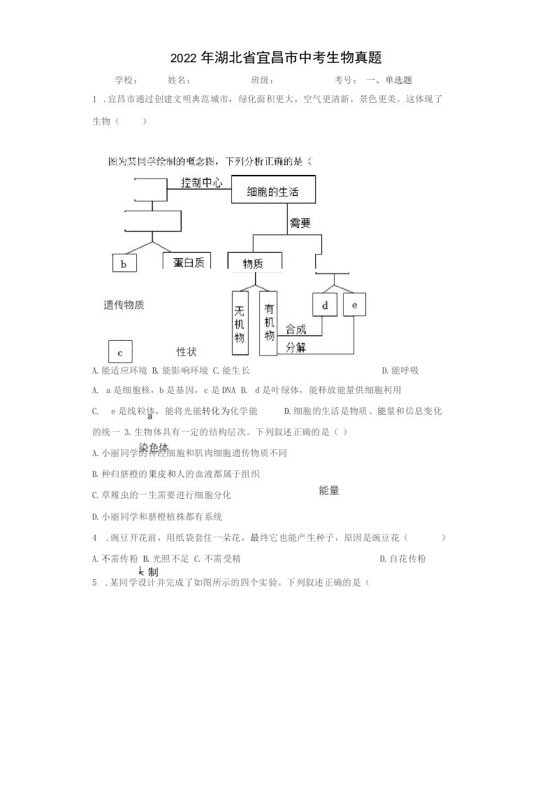 中考真题2022年湖北省宜昌市中考生物试卷（附答案）