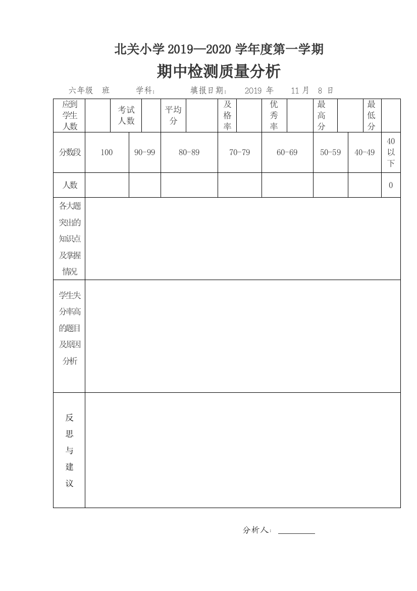 期中检测质量分析表格