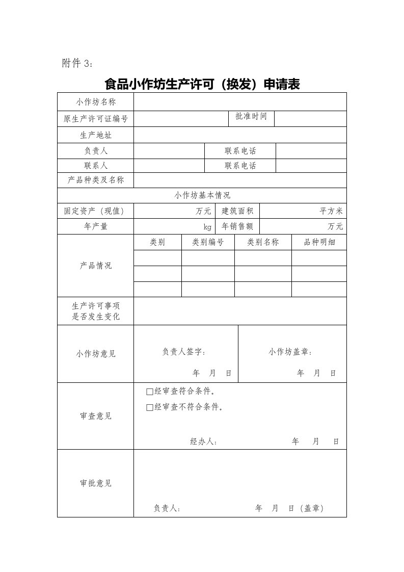 食品小作坊生产许可（换发）申请表