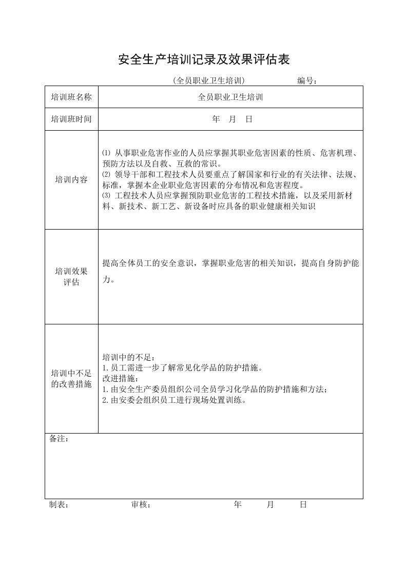 精品文档-510安全培训记录效果评估表全员职业卫生培训