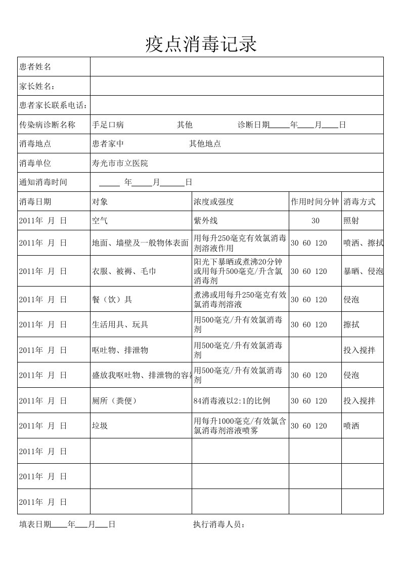 疫点消毒记录