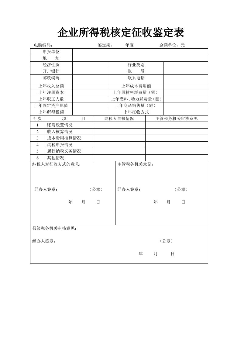 企业所得税核定征收鉴定表