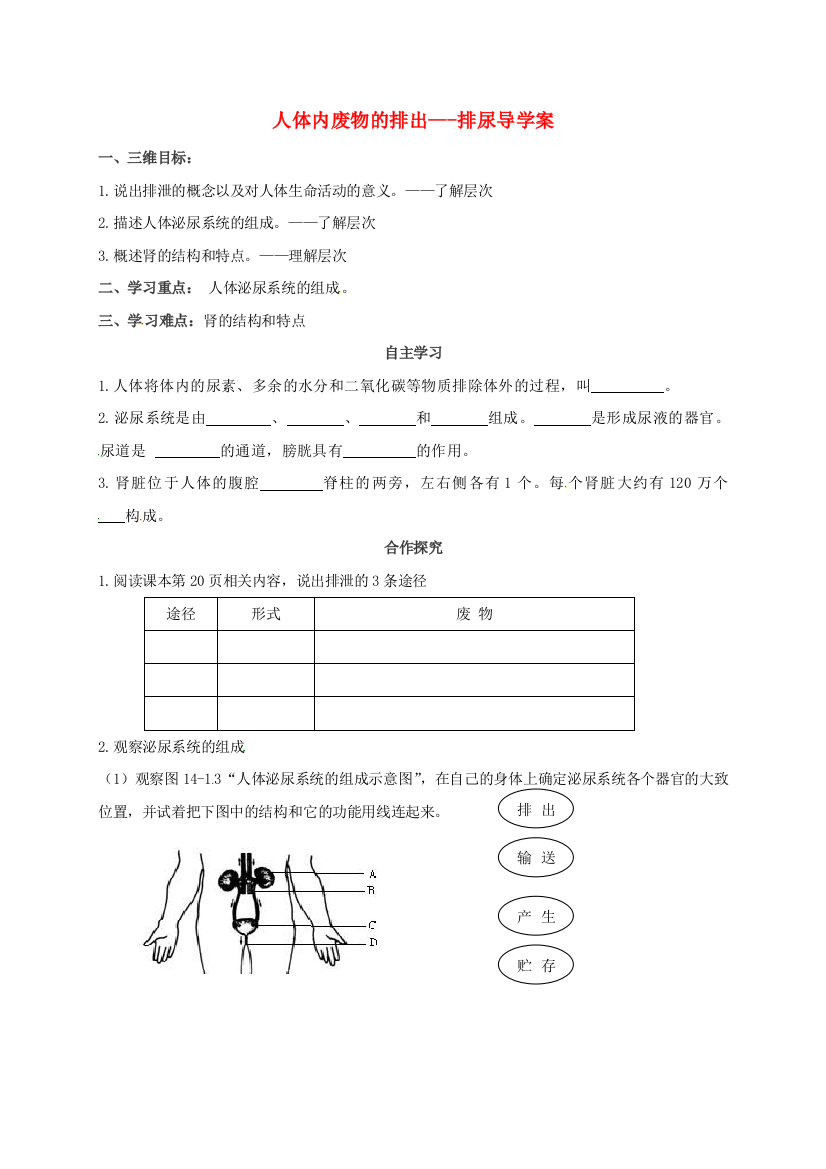 八年级生物上册-6152-人体内废物的排出导学案1无答案新版苏科版