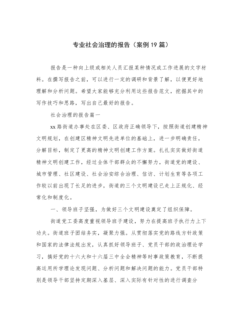 专业社会治理的报告（案例19篇）