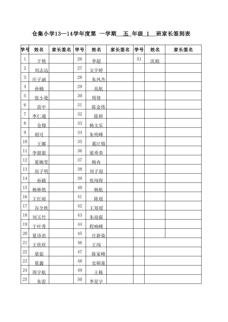 五年级学生家长会家长签到表