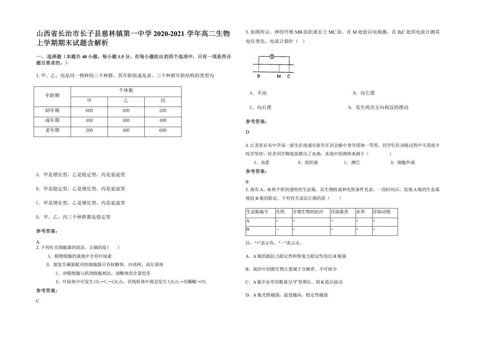 山西省长治市长子县慈林镇第一中学2020-2021学年高二生物上学期期末试题含解析