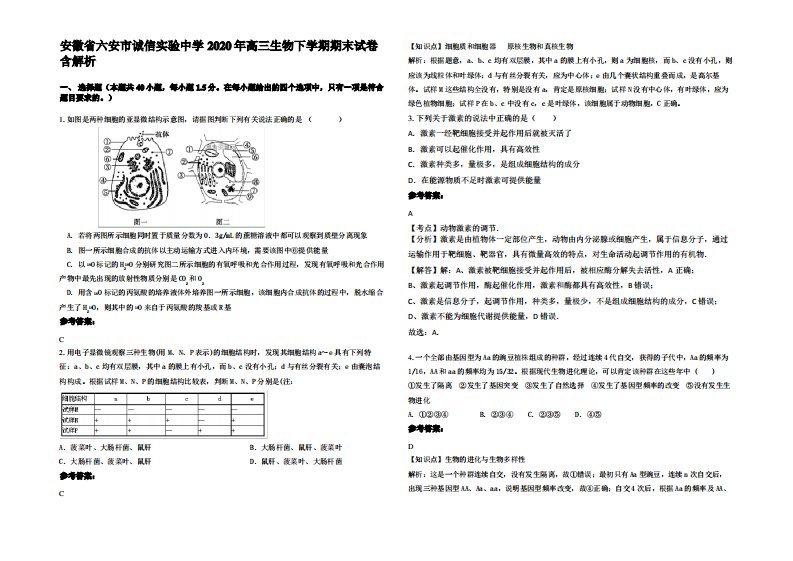 安徽省六安市诚信实验中学2020年高三生物下学期期末试卷含解析