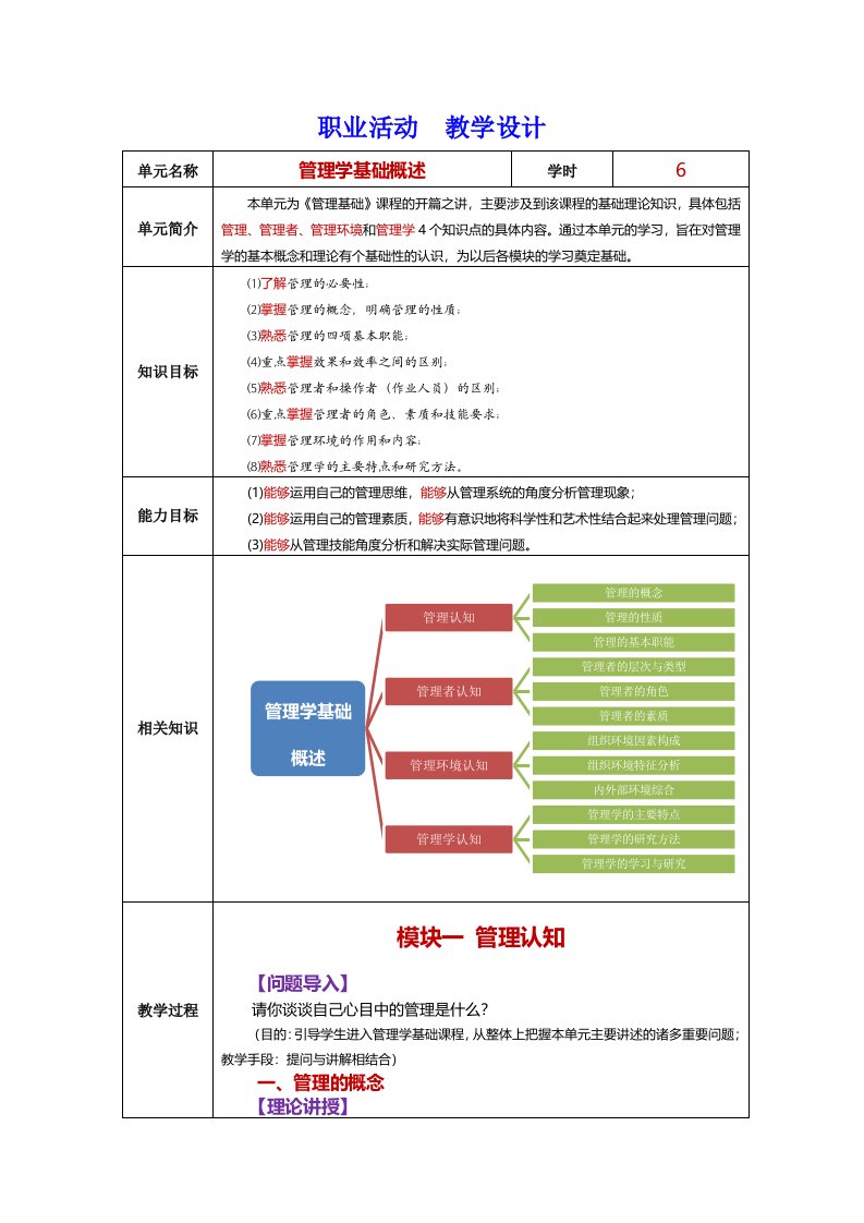 张云河-管理学基础（第2版）职业活动教学设计-配套版