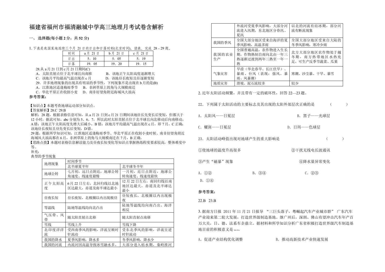 福建省福州市福清融城中学高三地理月考试卷含解析