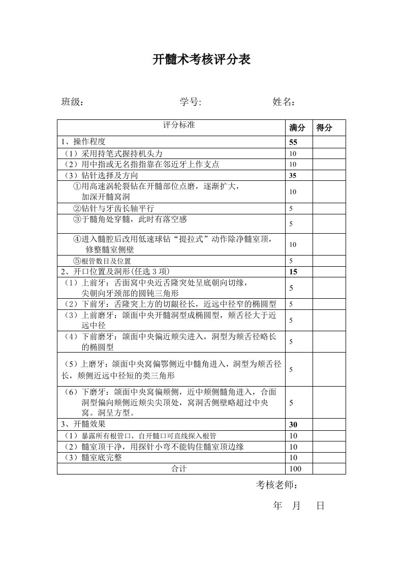 口腔技能操作评分表