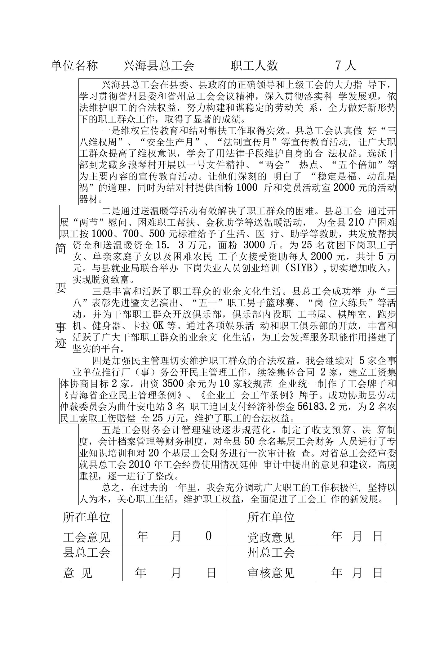 兴海县总工会先进工会组织事迹材料