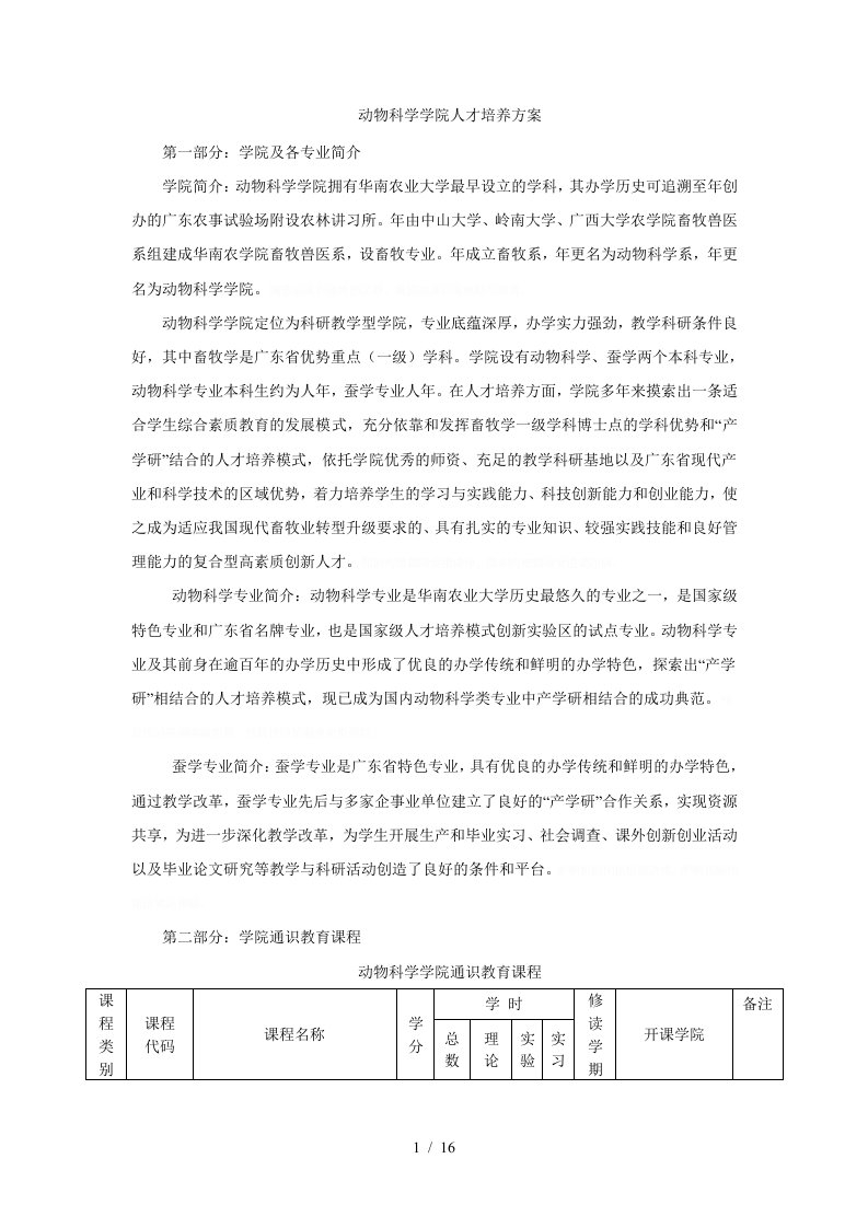 动物科学学院人才培养方案