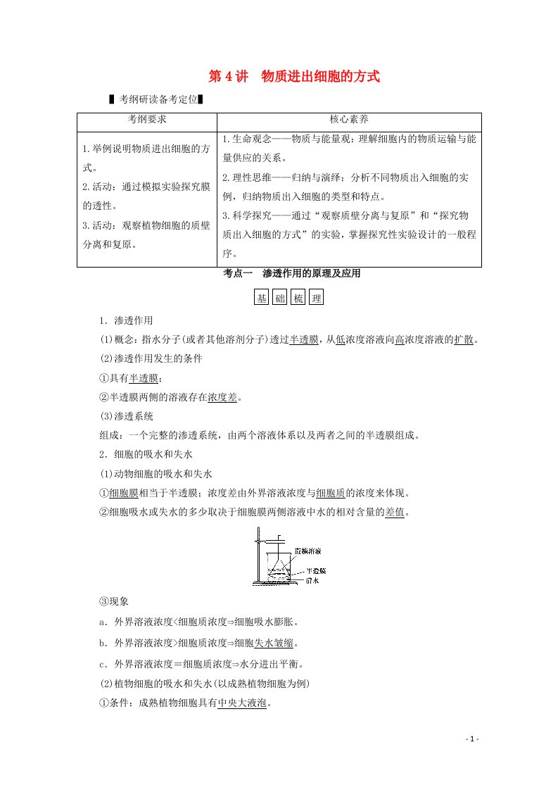 新高考2021高考生物一轮复习必修部分模块1分子与细胞第2单元细胞的基本结构与物质交换第4讲物质进出细胞的方式学案新人教版