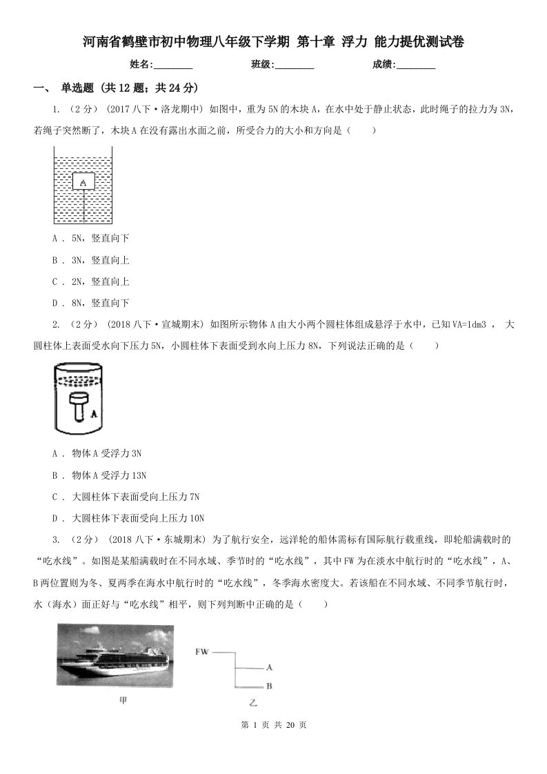 河南省鹤壁市初中物理八年级下学期