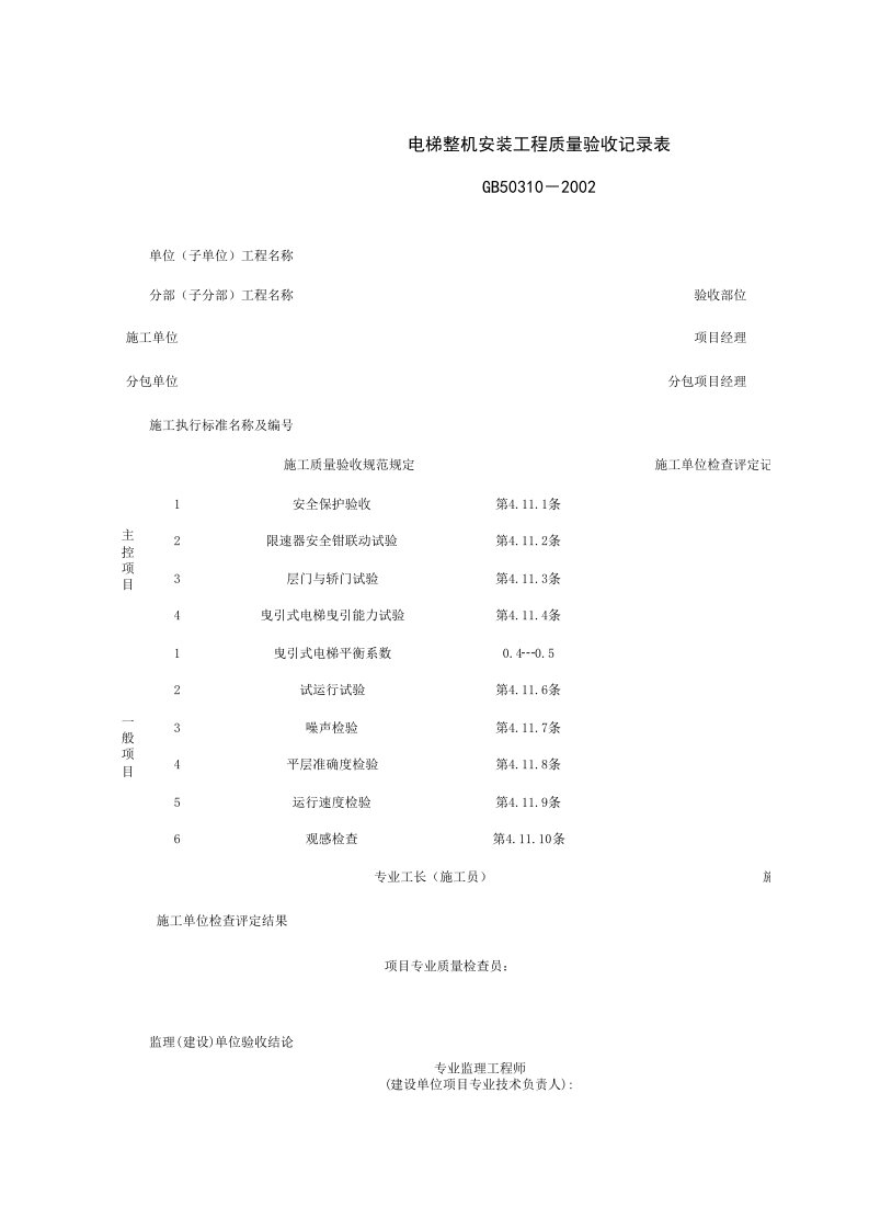 施工组织-090110_电梯整机安装工程质量验收记录表