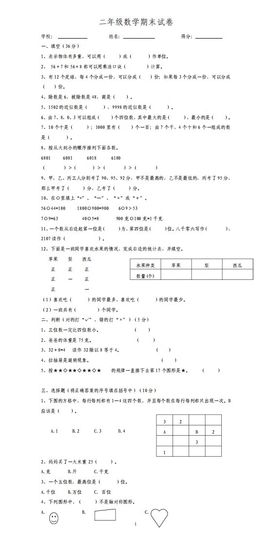 人教版小学二年级下册数学期末试题共五套