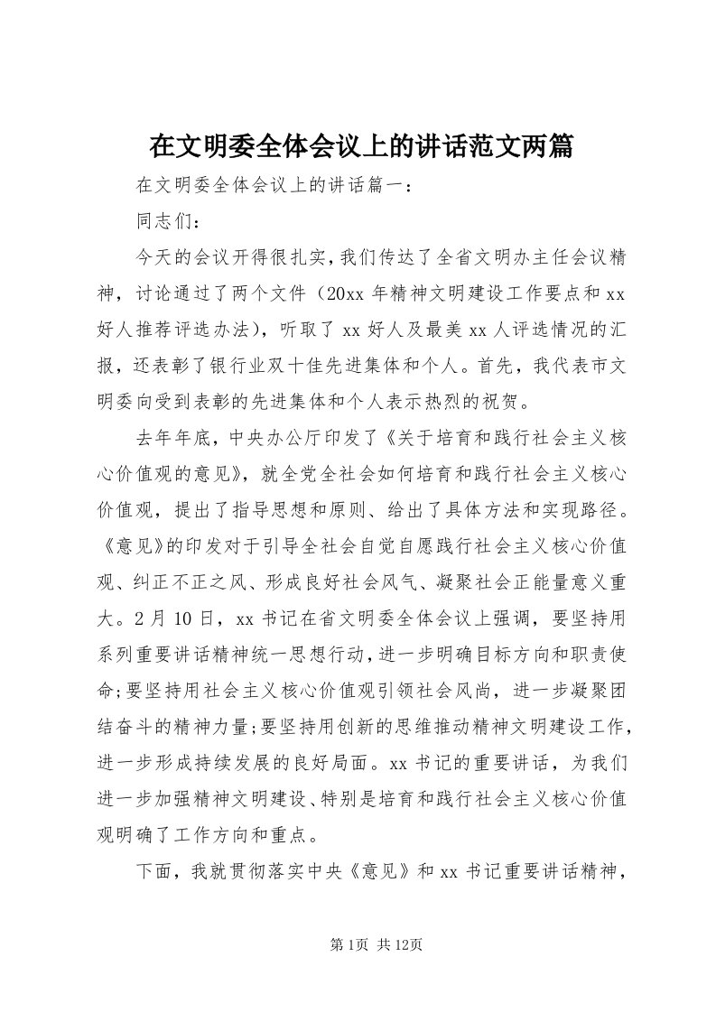 7在文明委全体会议上的致辞范文两篇