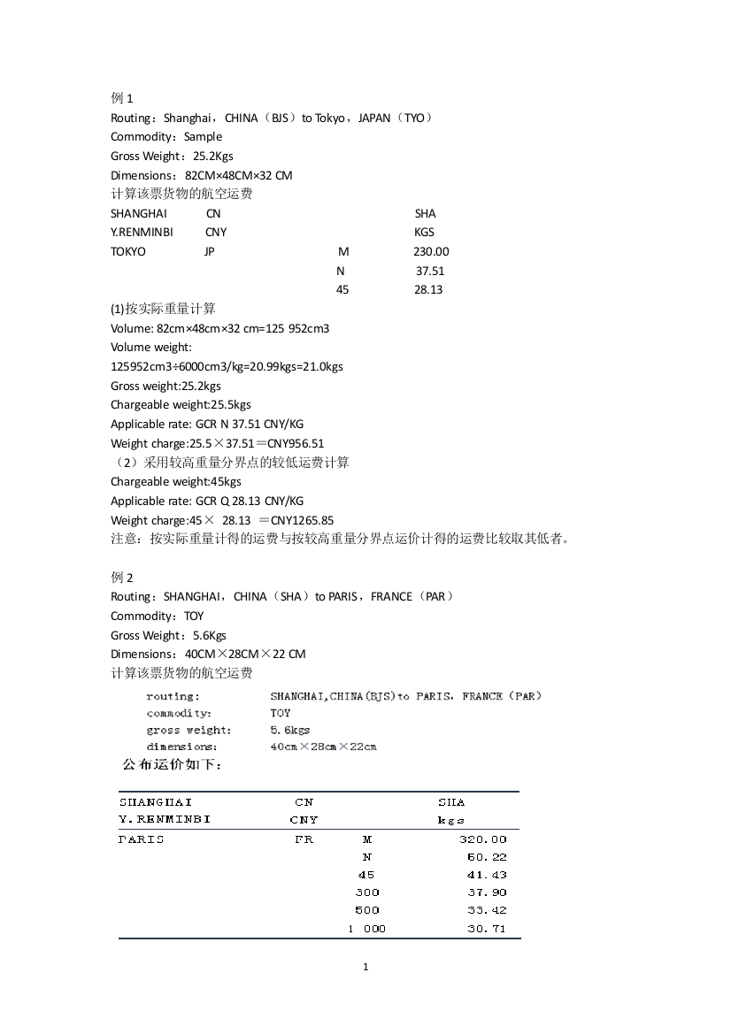 航空运费练习(学生)