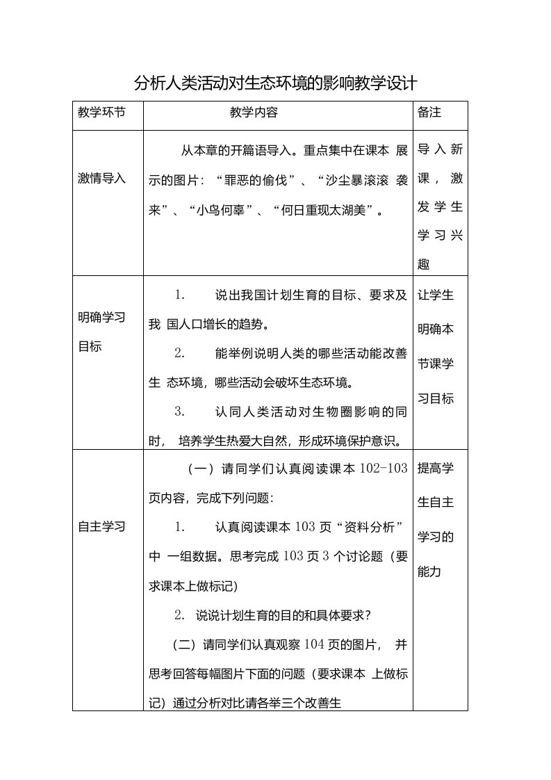 生物人教版七年级下册分析人类活动对生态环境的影响教学设计完善