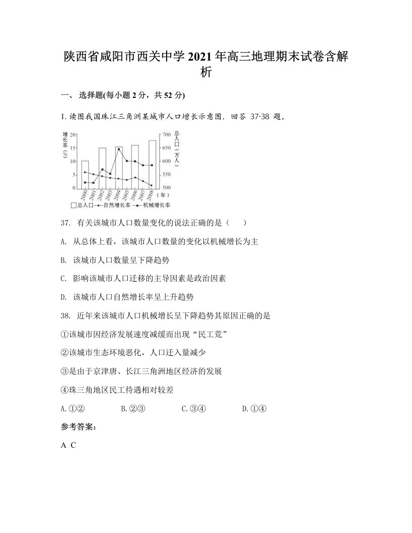 陕西省咸阳市西关中学2021年高三地理期末试卷含解析