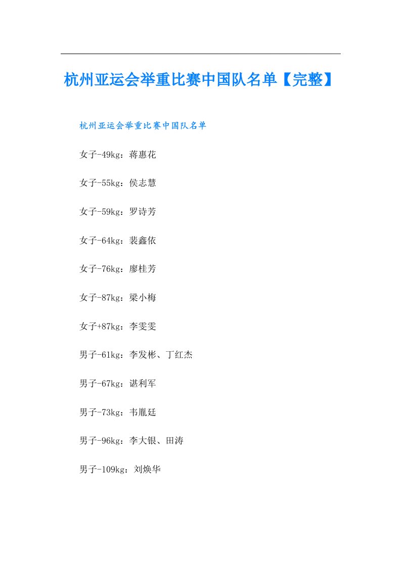 杭州亚运会举重比赛中国队名单【完整】