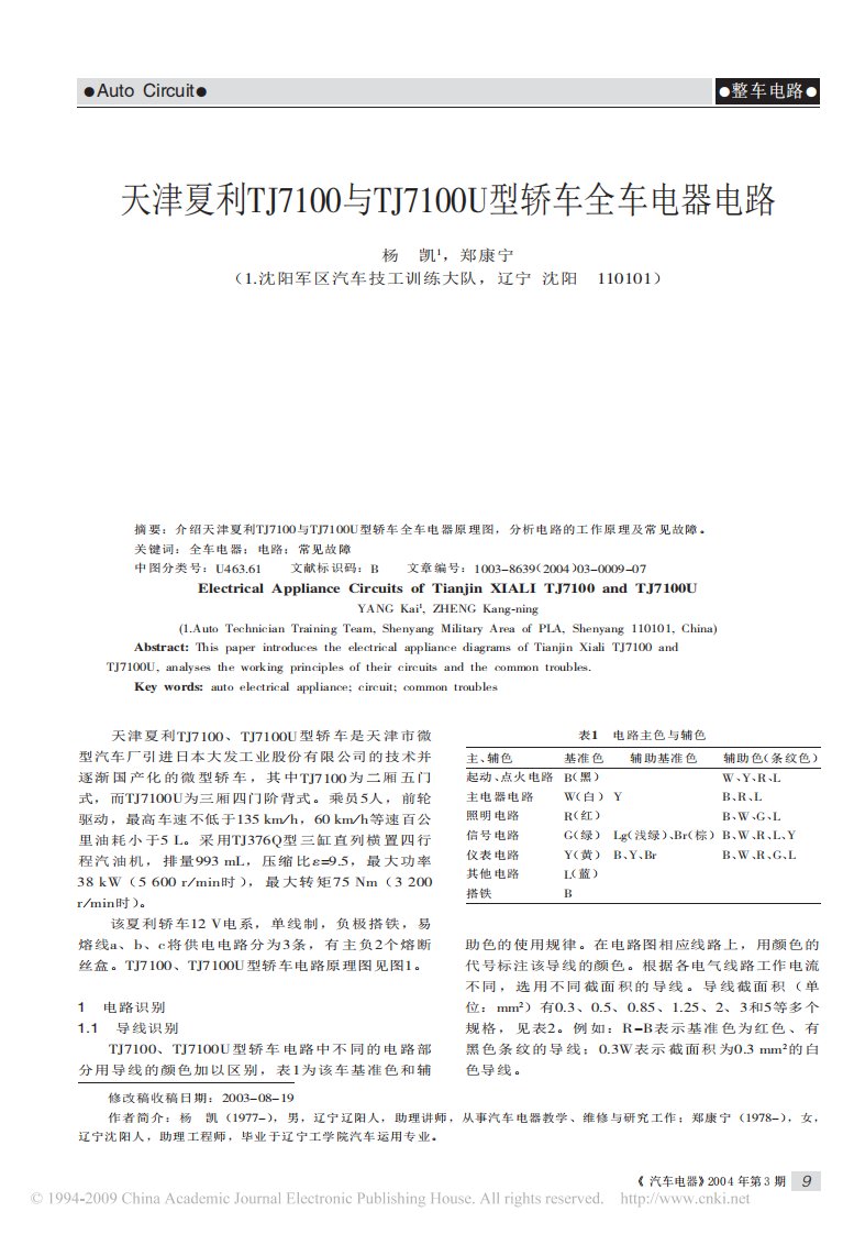 天津夏利TJ7100与TJ7100U型轿车全车电器电路