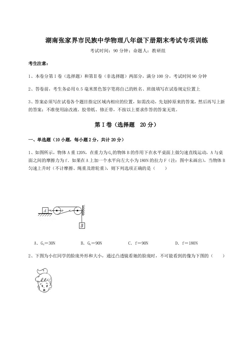 2023年湖南张家界市民族中学物理八年级下册期末考试专项训练试题（含解析）