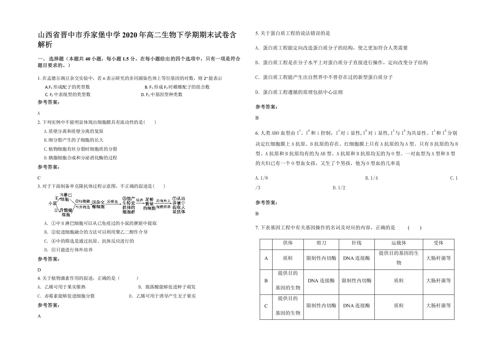 山西省晋中市乔家堡中学2020年高二生物下学期期末试卷含解析