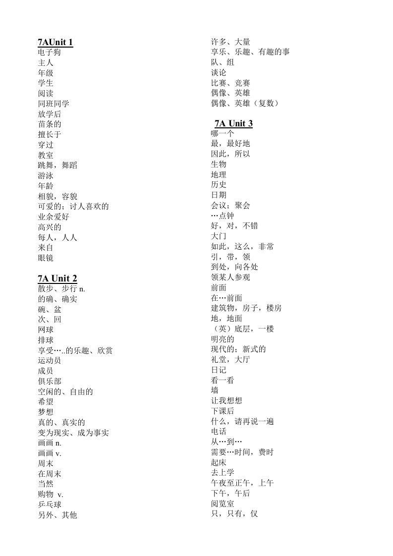 苏教版-新译林版牛津英语7年级全一册单词表